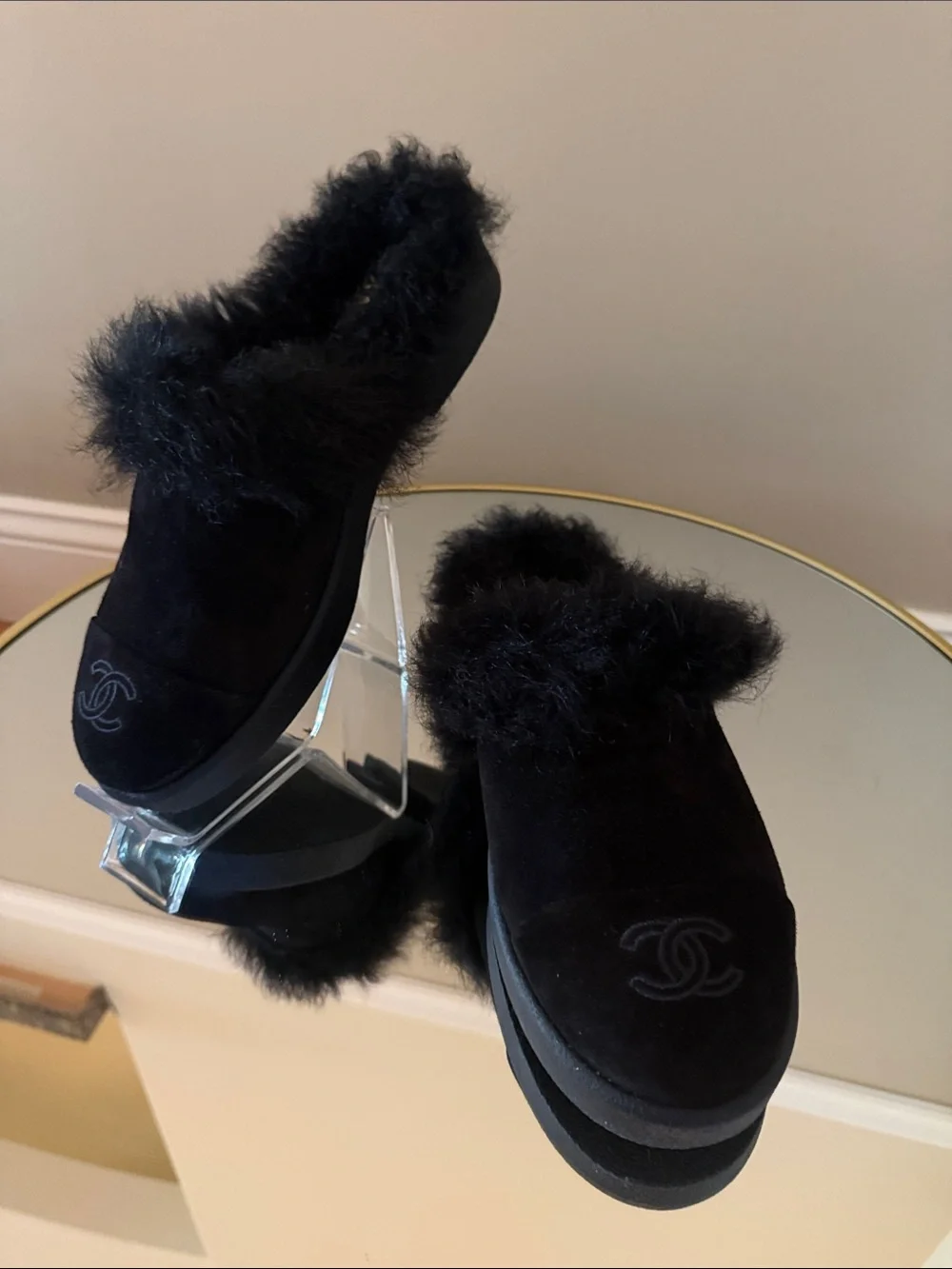 Chanel Black Suede Real Fur Shearling Clogs Mules Sz 40